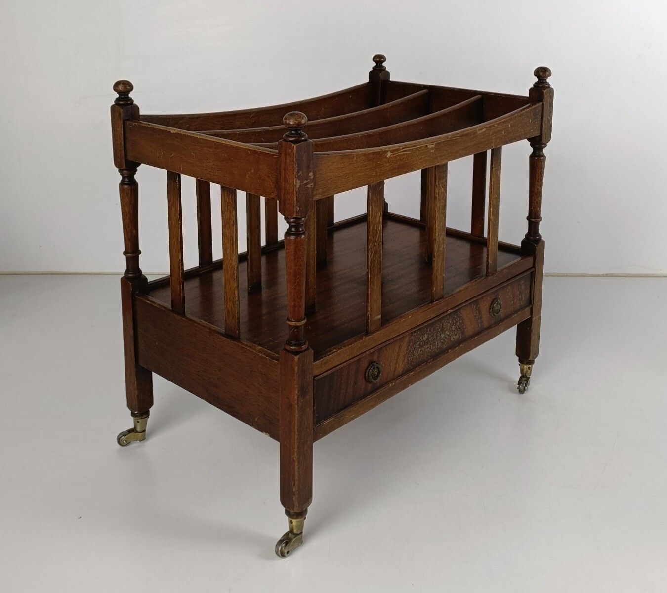 Carved Wooden Magazine Rack Newspaper Basket On Wheels English Regency Vintage D photo furniture