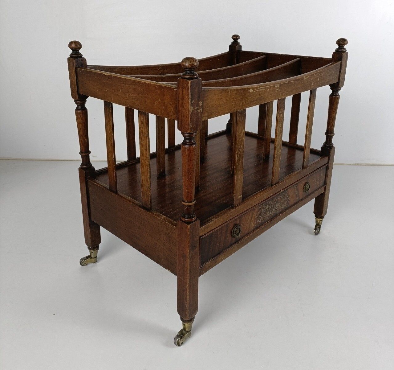 Carved Wooden Magazine Rack Newspaper Basket On Wheels English Regency Vintage D photo for sale