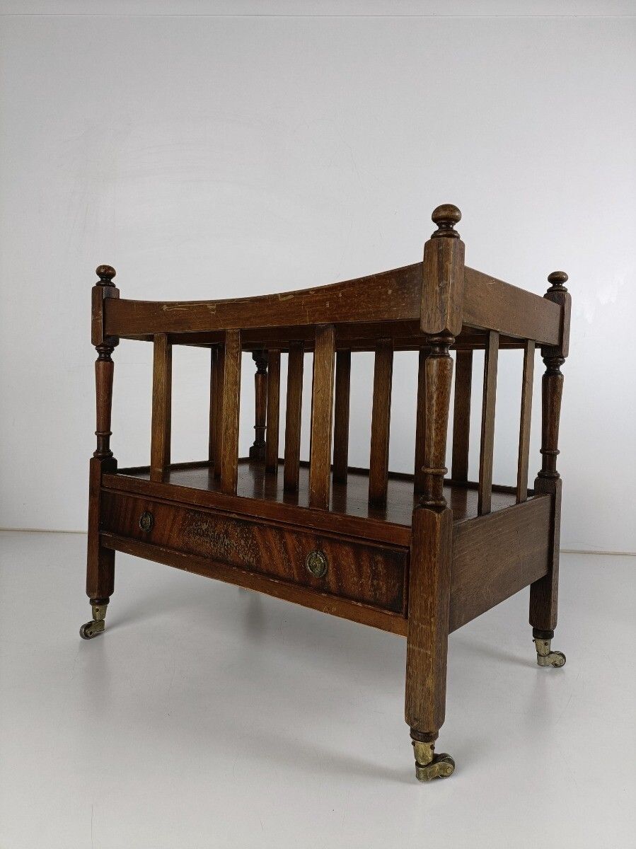 Carved Wooden Magazine Rack Newspaper Basket On Wheels English Regency Vintage D photo vinterior
