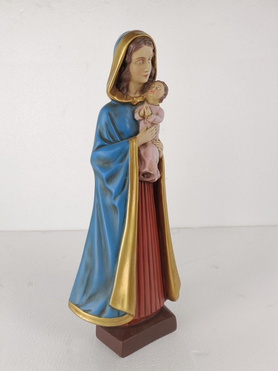 Virgin Mary Madonna Infant Child Plaster Statue Signed Fuortinati Guelfi Polychr photo furniture