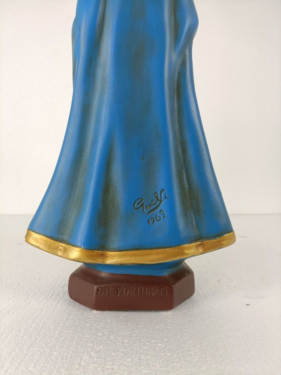 photo furniture Virgin Mary Madonna Infant Child Plaster Statue Signed Fuortinati Guelfi Polychr