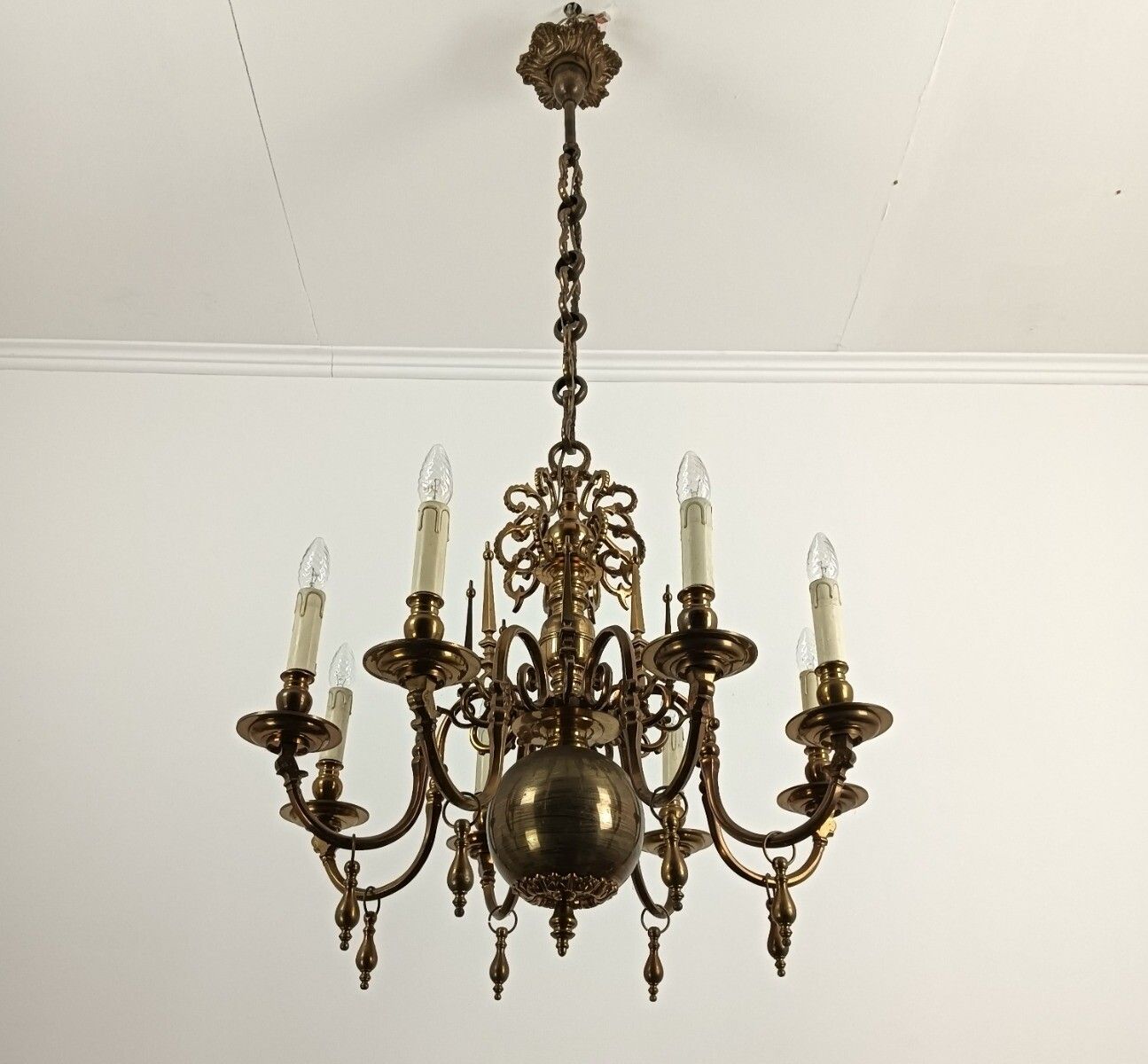 Antique Flemish Chandelier Bronze Signed Cast By  Brondel Bruges Stunning Piece photo vinterior