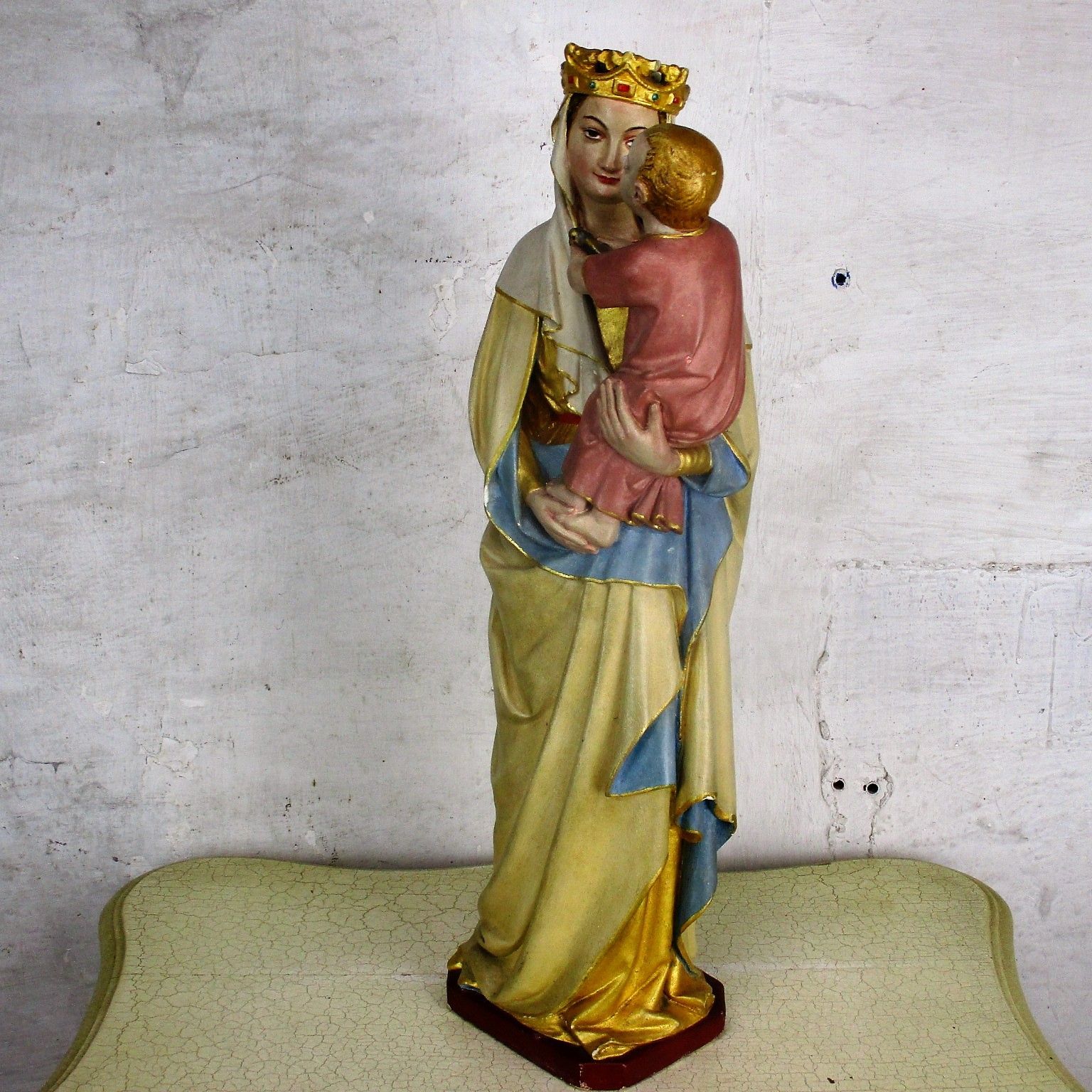 Majestic  Statue Virgin Mary Madonna Crown Infant Child  Plaster Htf 22.63" photo vintage