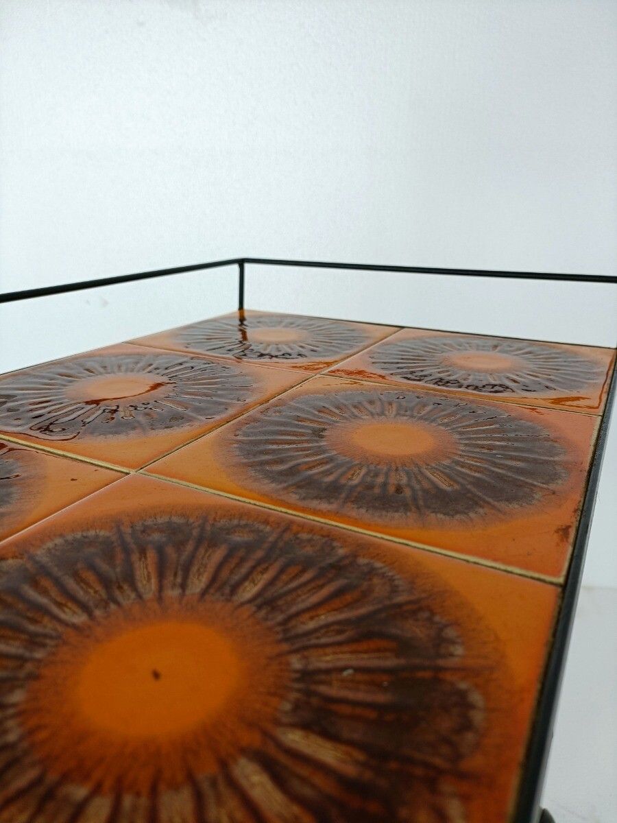 photo furniture Vintage Side Table Bar Cart Ceramic Orange Tiles Wrought Iron Funky