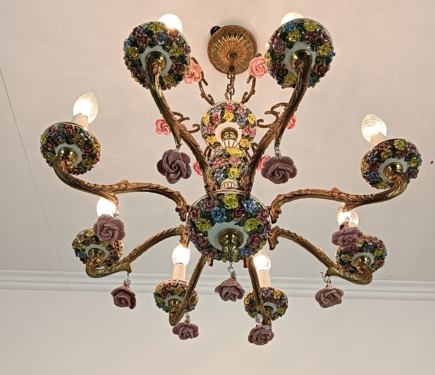 Xl Chandelier Porcelain Flowers Polychrome Brass Italy 8 Lights Arm Gorgeous Vin photo 728.0
