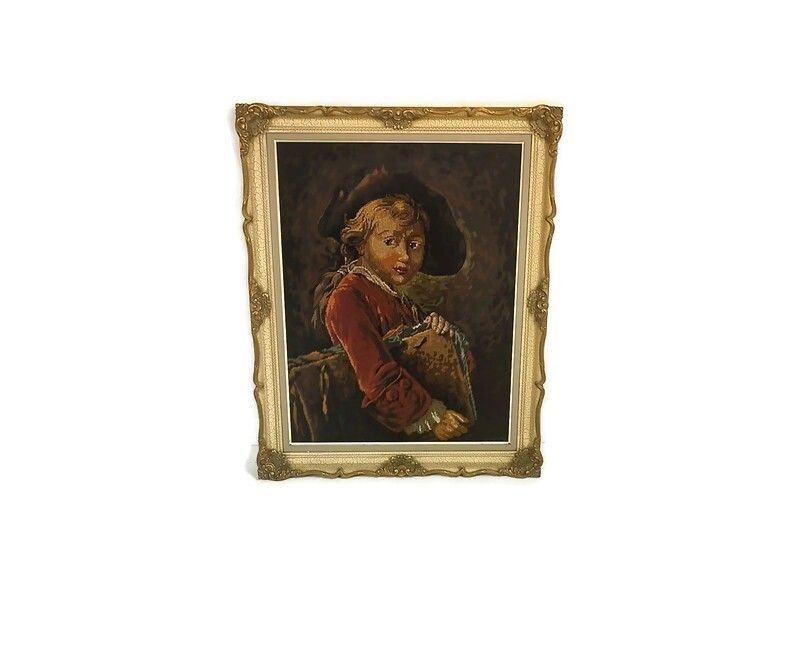 Ornate Framed Needlepoint Of The Young Student After Drouais Vintage