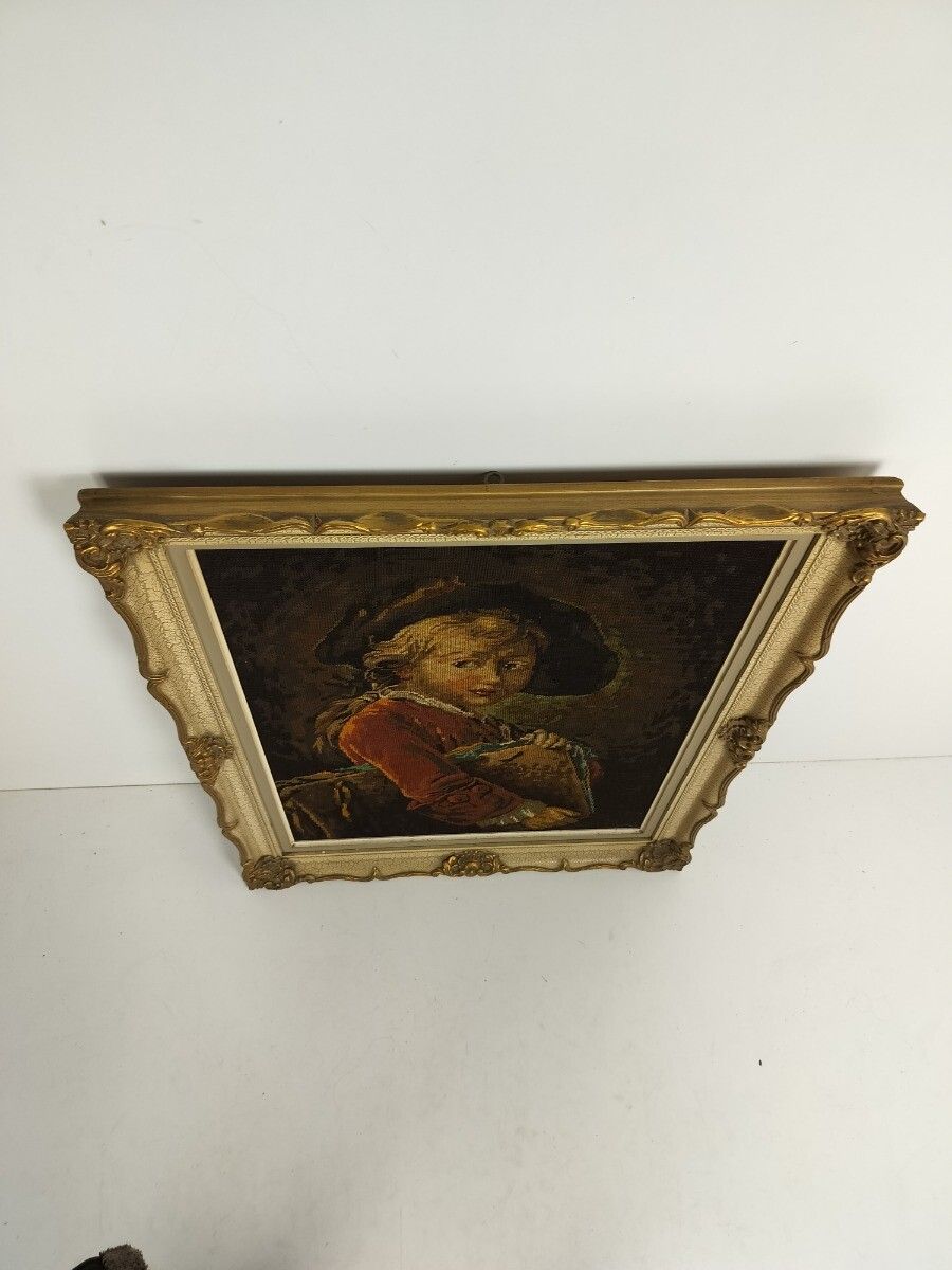 Ornate Framed Needlepoint Of The Young Student After Drouais Vintage photo vinterior