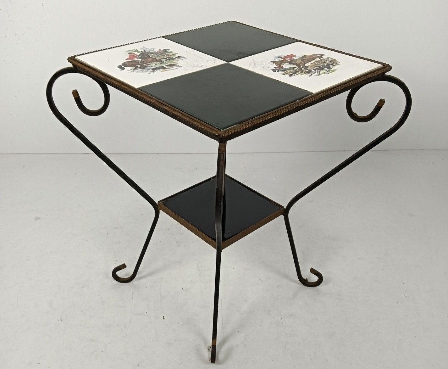 photo furniture Vintage Side Table Plant Stand Mosaic Tiles Wrought Iron Hunt Horses  Retro