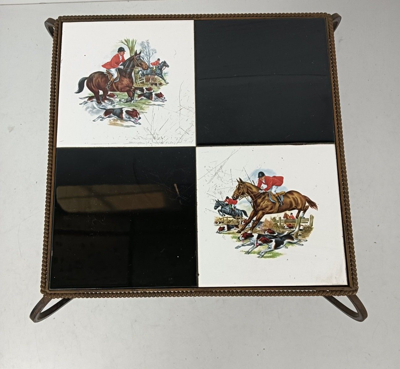 Furniture Vintage Side Table Plant Stand Mosaic Tiles Wrought Iron Hunt Horses  Retro photo