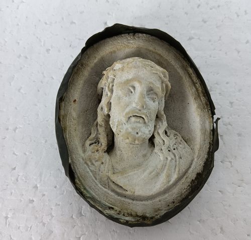 19th Century Wall Hanging Antique Meerschaum Mini Small Metal Frame Jesus Christ photo Art