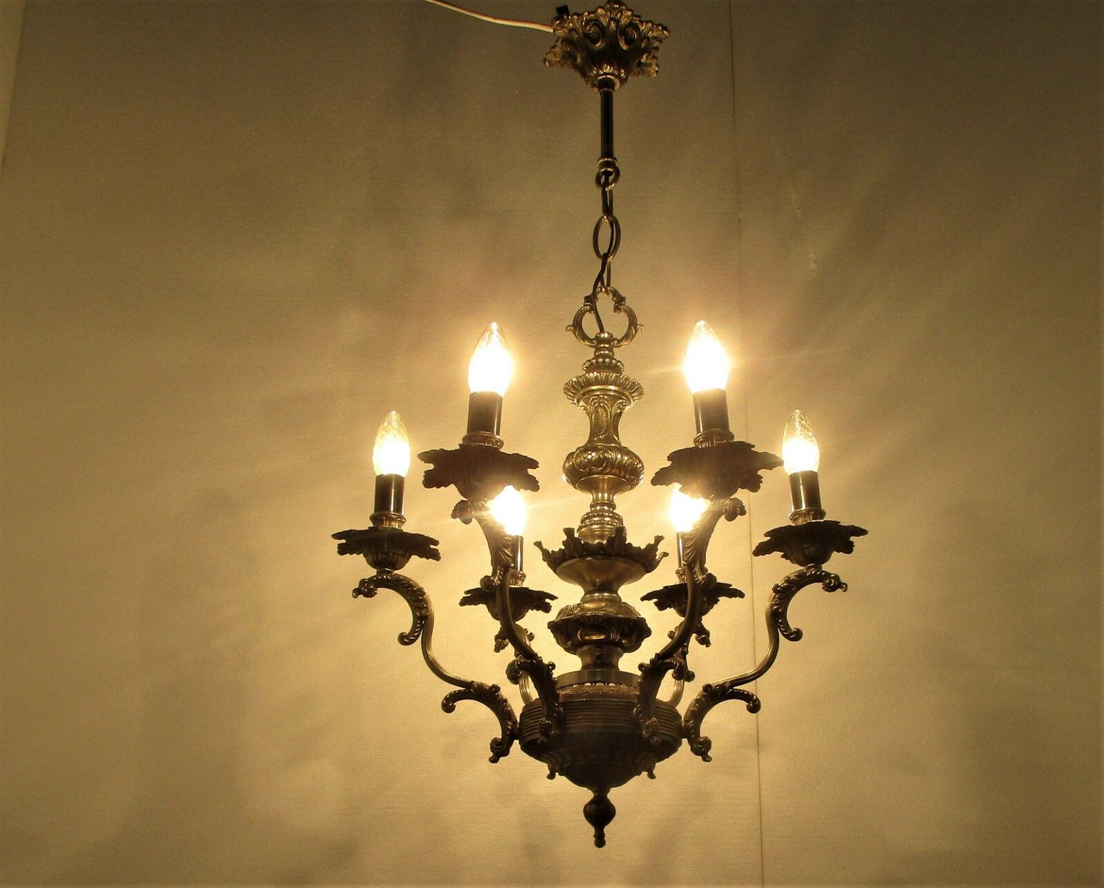 Vintage Chandelier 6 Lights Arms Ornate Spelter Hollywood Regency Silver Colored photo for sale