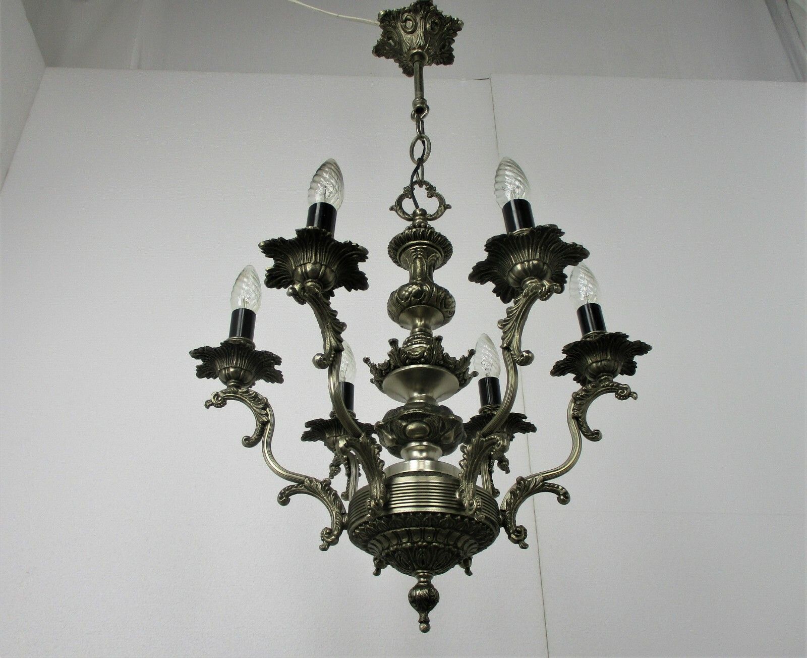 Vintage Chandelier 6 Lights Arms Ornate Spelter Hollywood Regency Silver Colored photo Lighting