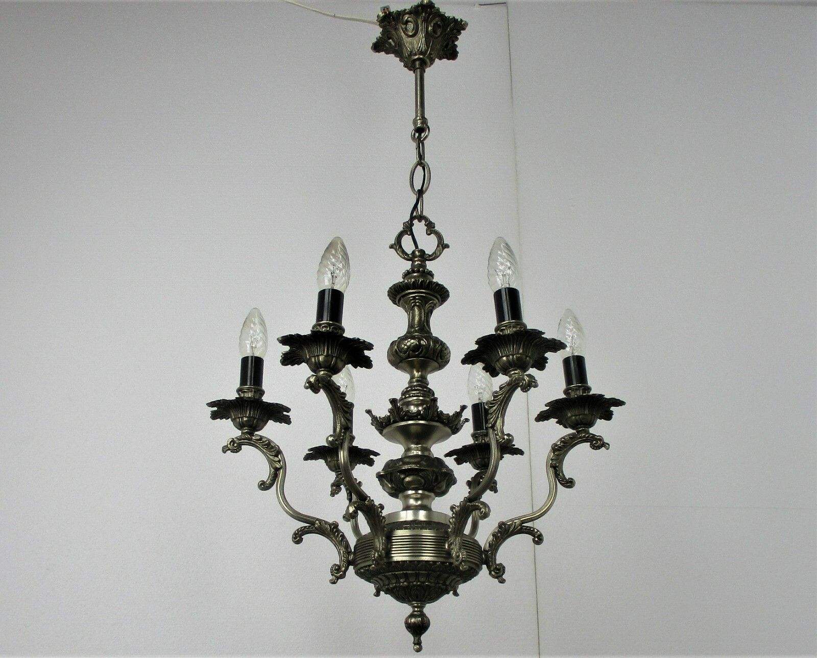 Vintage Chandelier 6 Lights Arms Ornate Spelter Hollywood Regency Silver Colored photo vintage