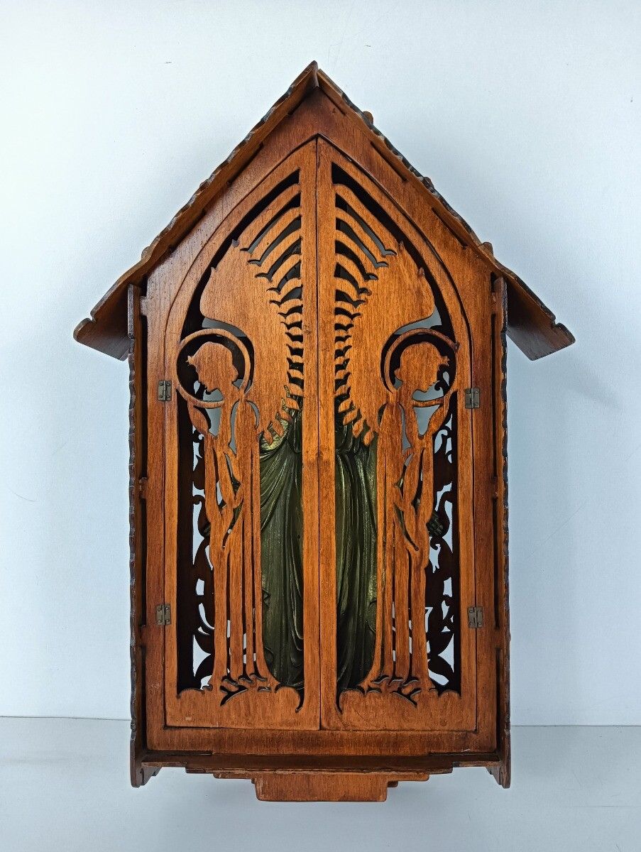 photo for sale Vintage Bronze Statue Jesus Christ Holy Heart Signed In Folk Art Wooden Chapel N