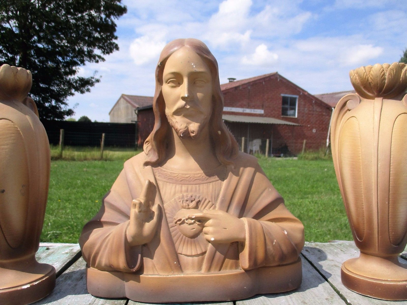 Plaster Statue  Bust Jesus Christ 2 Matching Vases Urn Brown Holy Heart Marked photo Art