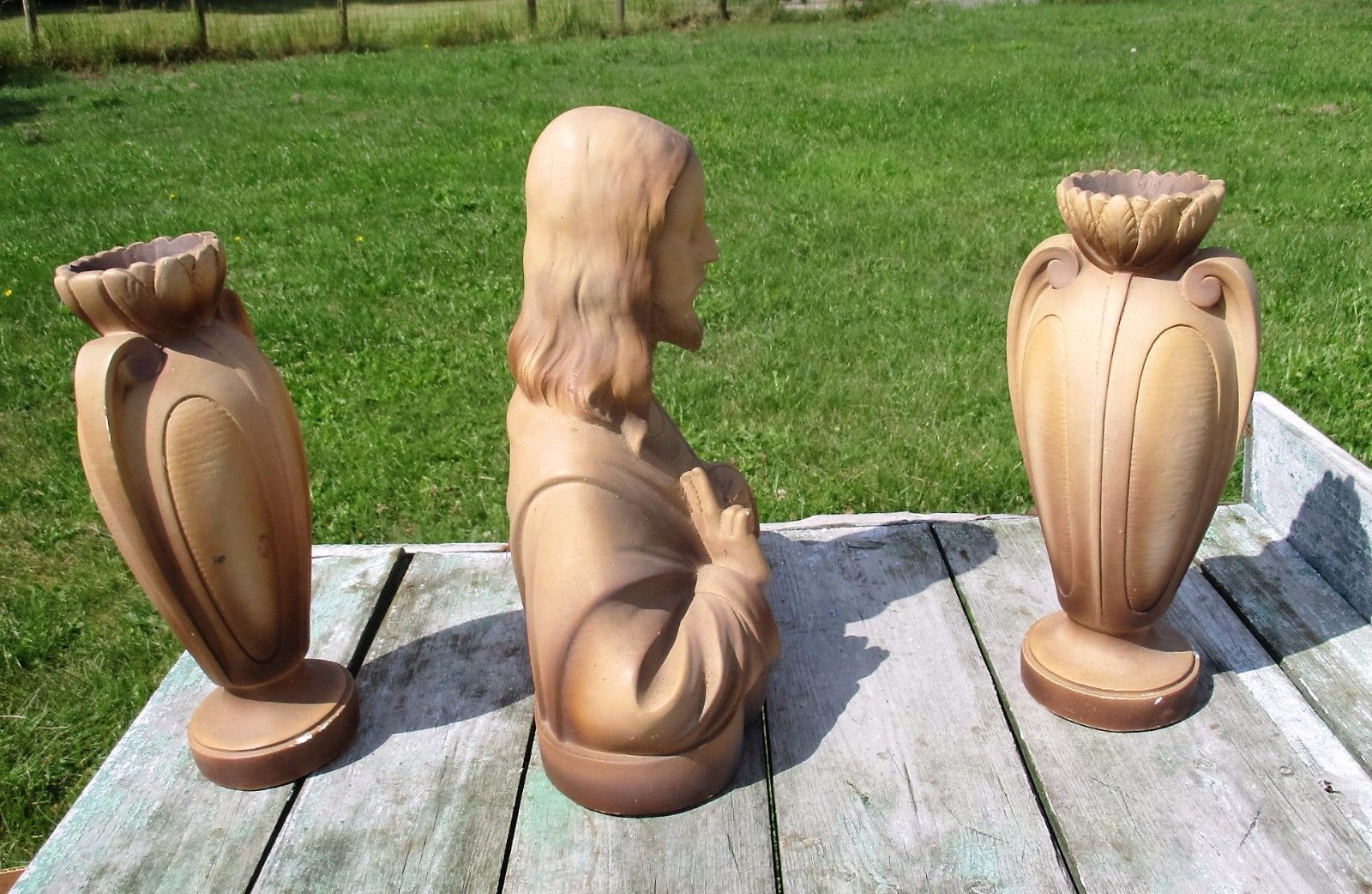 Plaster Statue  Bust Jesus Christ 2 Matching Vases Urn Brown Holy Heart Marked photo 82.0