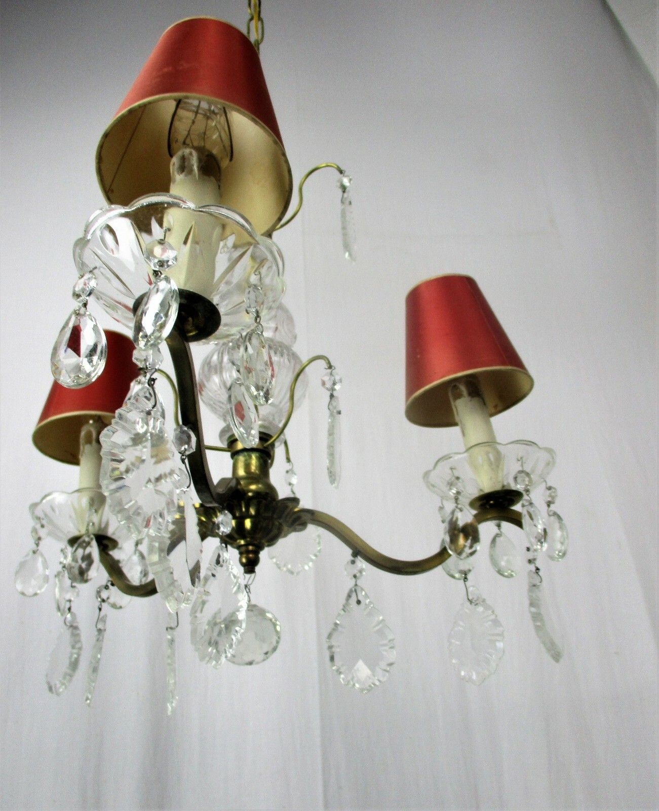 Brass Ornate Chandelier 3 Arms Lights Prisms Hollywood Regency Empire Red Shades photo vinterior