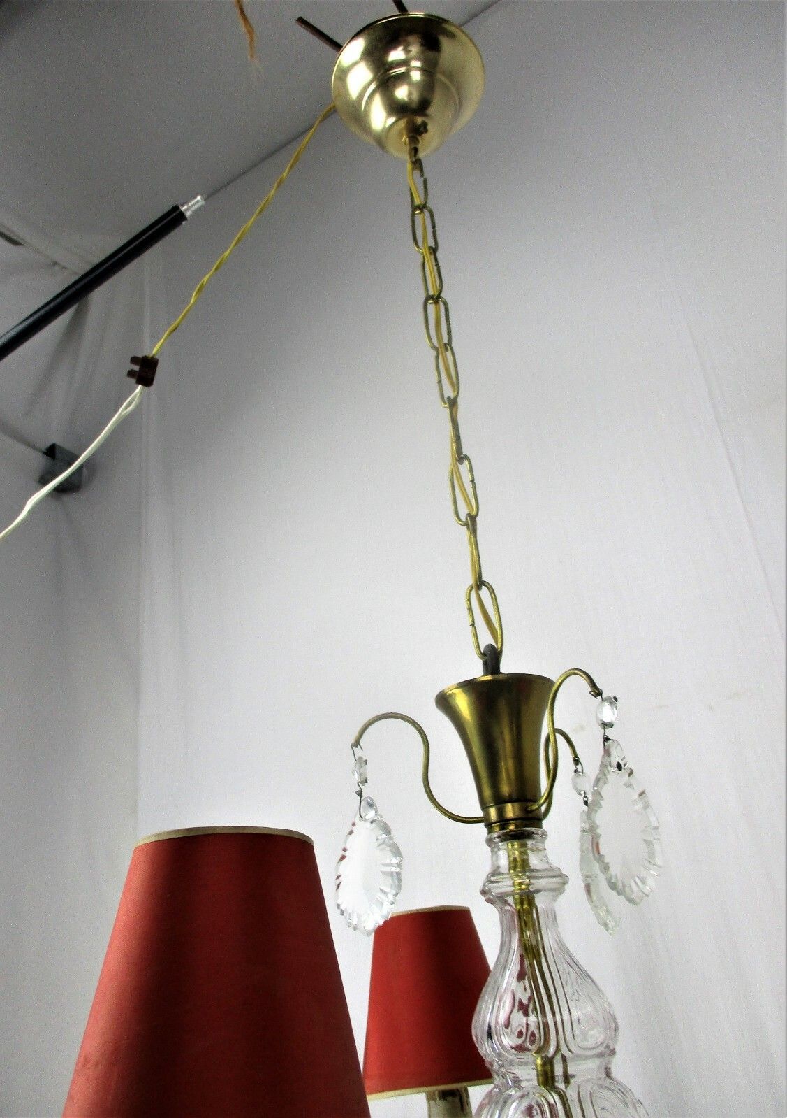 Brass Ornate Chandelier 3 Arms Lights Prisms Hollywood Regency Empire Red Shades photo vintage