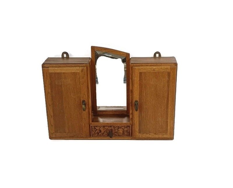 Double Antique Medicine Apothecary Kitchen Bathroom Cabinet Beveled Glass Art De