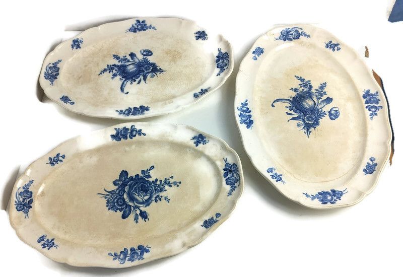 Antique 1900 Plates 3 Large Serving Dishes  Platters Boch Mettlach Rare Blue Ros