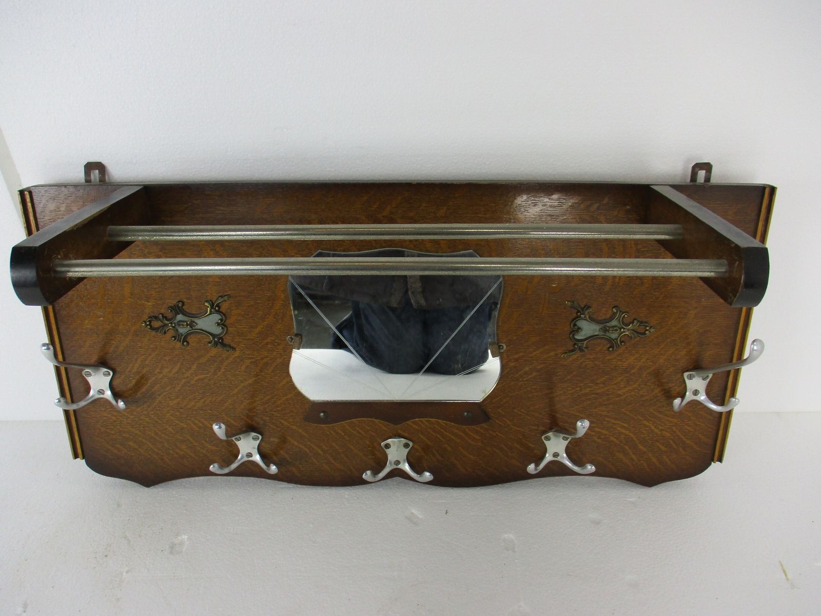 Retro Funky Industrial Railway Wood Wall Shelf Coat Hat Rack  Brass Trims Mirror photo furniture