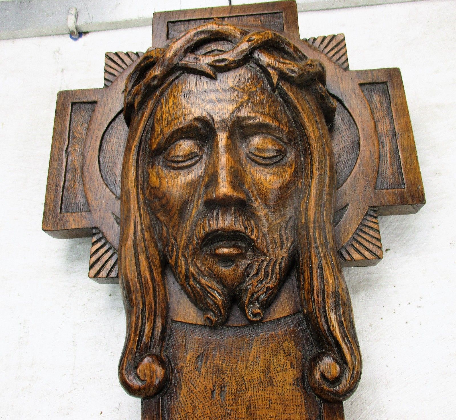 Gorgeous Hand Carved Wood Art Jesus Christ Head Of Thorns Sculpture Crucifix Oak photo for sale