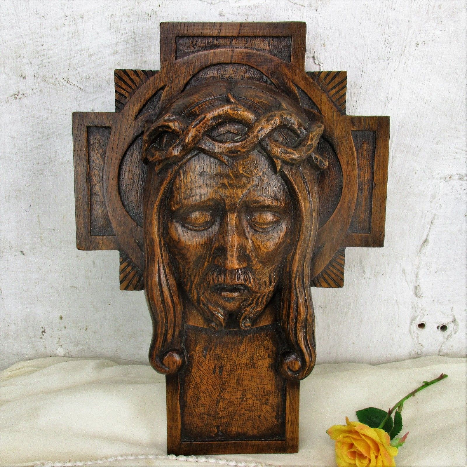 Gorgeous Hand Carved Wood Art Jesus Christ Head Of Thorns Sculpture Crucifix Oak photo 260.0