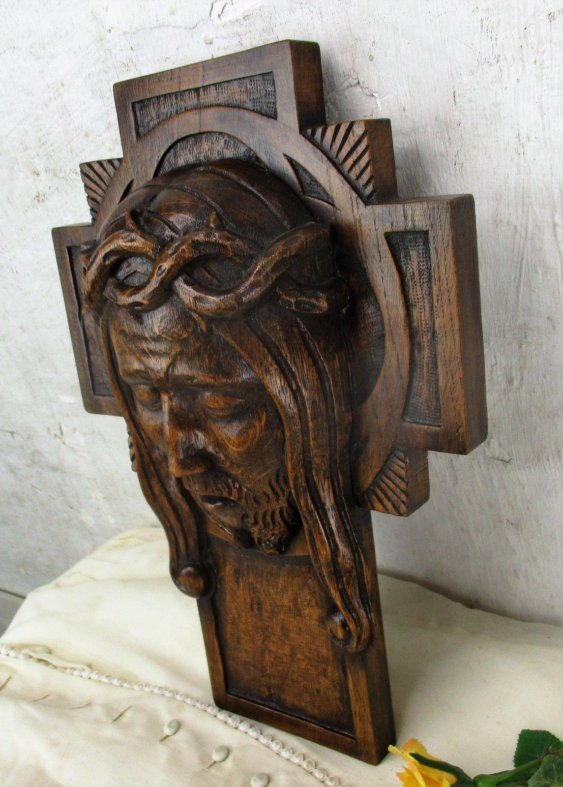 Gorgeous Hand Carved Wood Art Jesus Christ Head Of Thorns Sculpture Crucifix Oak photo buy