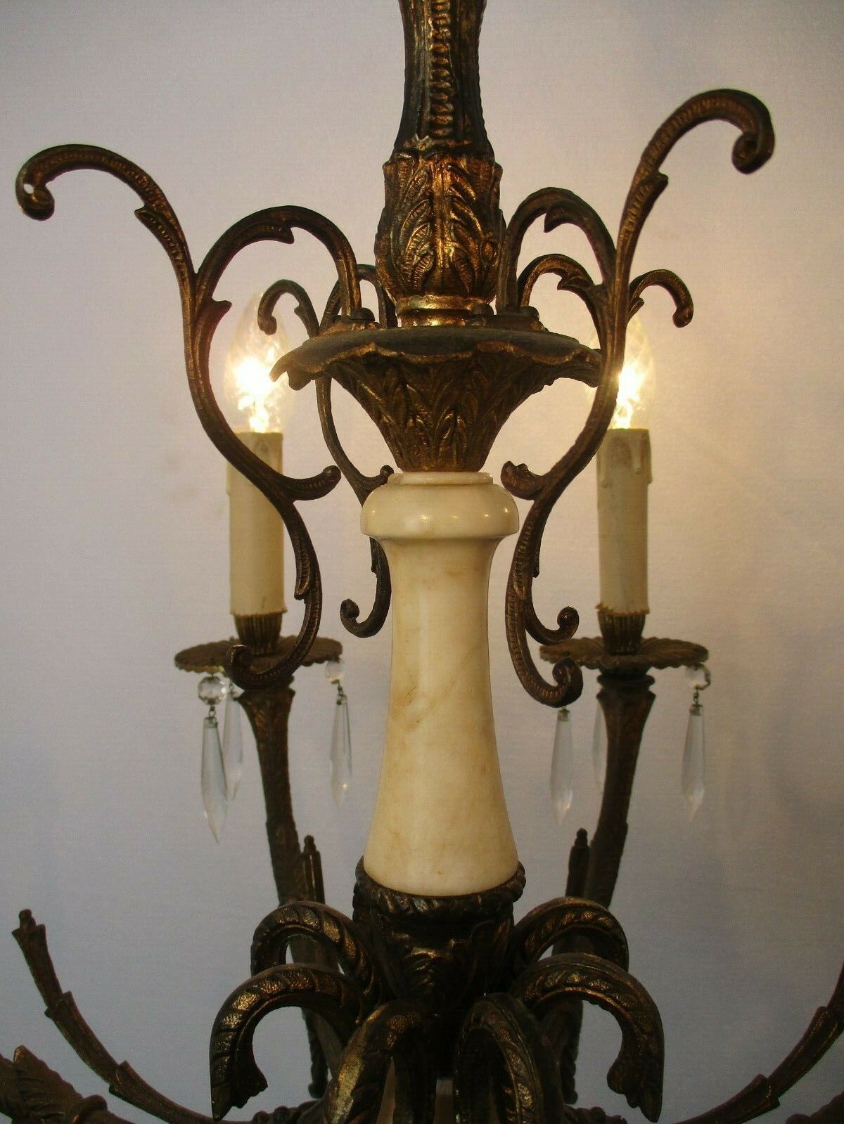 Impressive Chandelier Bronze Marble 8 Lights Arm Ornate Prisms Hollywood Regency photo vinterior
