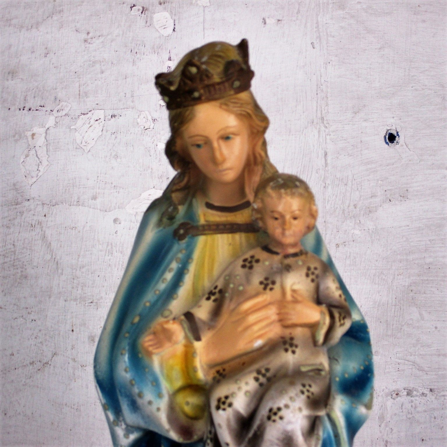 Antique Polychrome Madonna Infant Child Statue Plaster  Neo Gothic 1900 Marked photo furniture