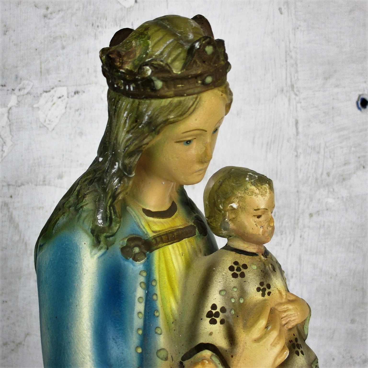 Antique Polychrome Madonna Infant Child Statue Plaster  Neo Gothic 1900 Marked photo 185.0