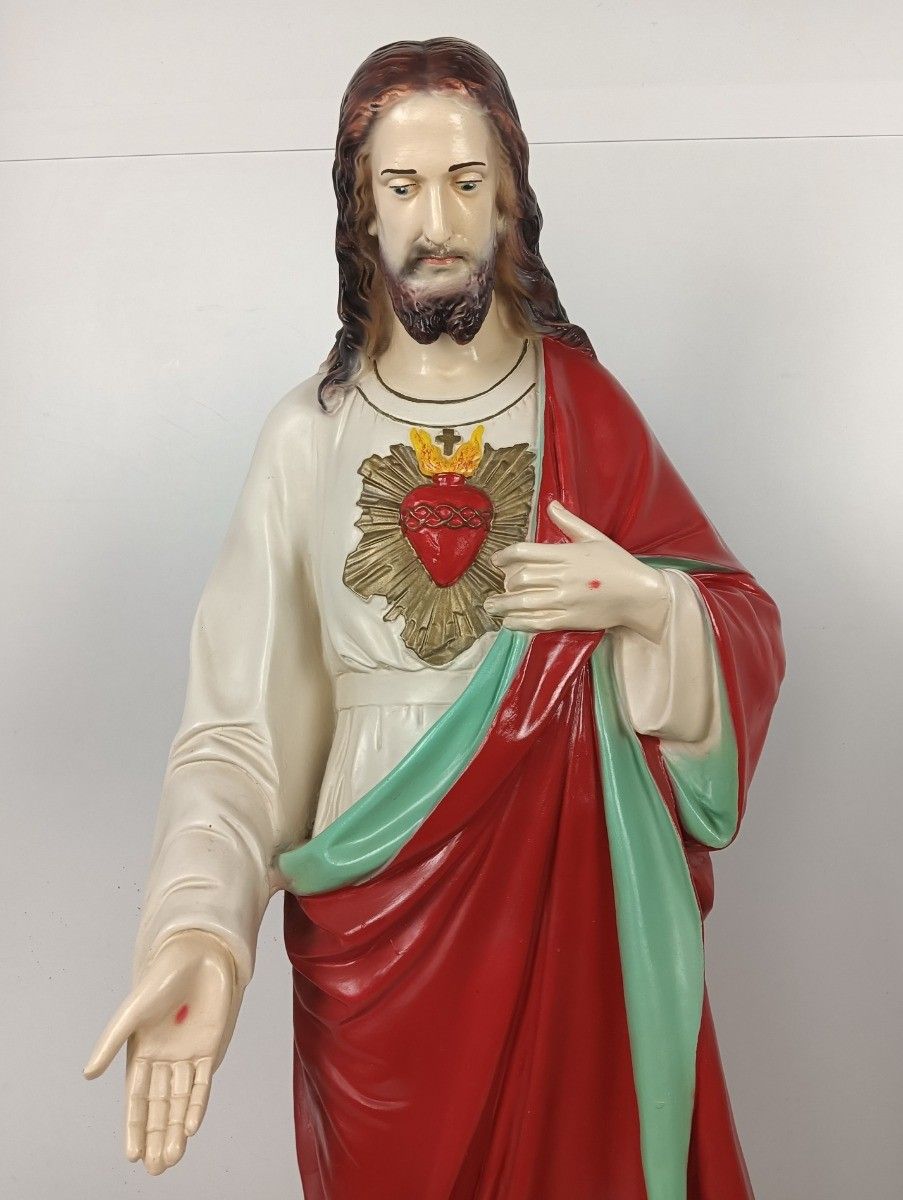 Xl Statue Holy Heart Jesus Christ Polychrome Hard Plastic Resin Outdoor Vintage photo furniture
