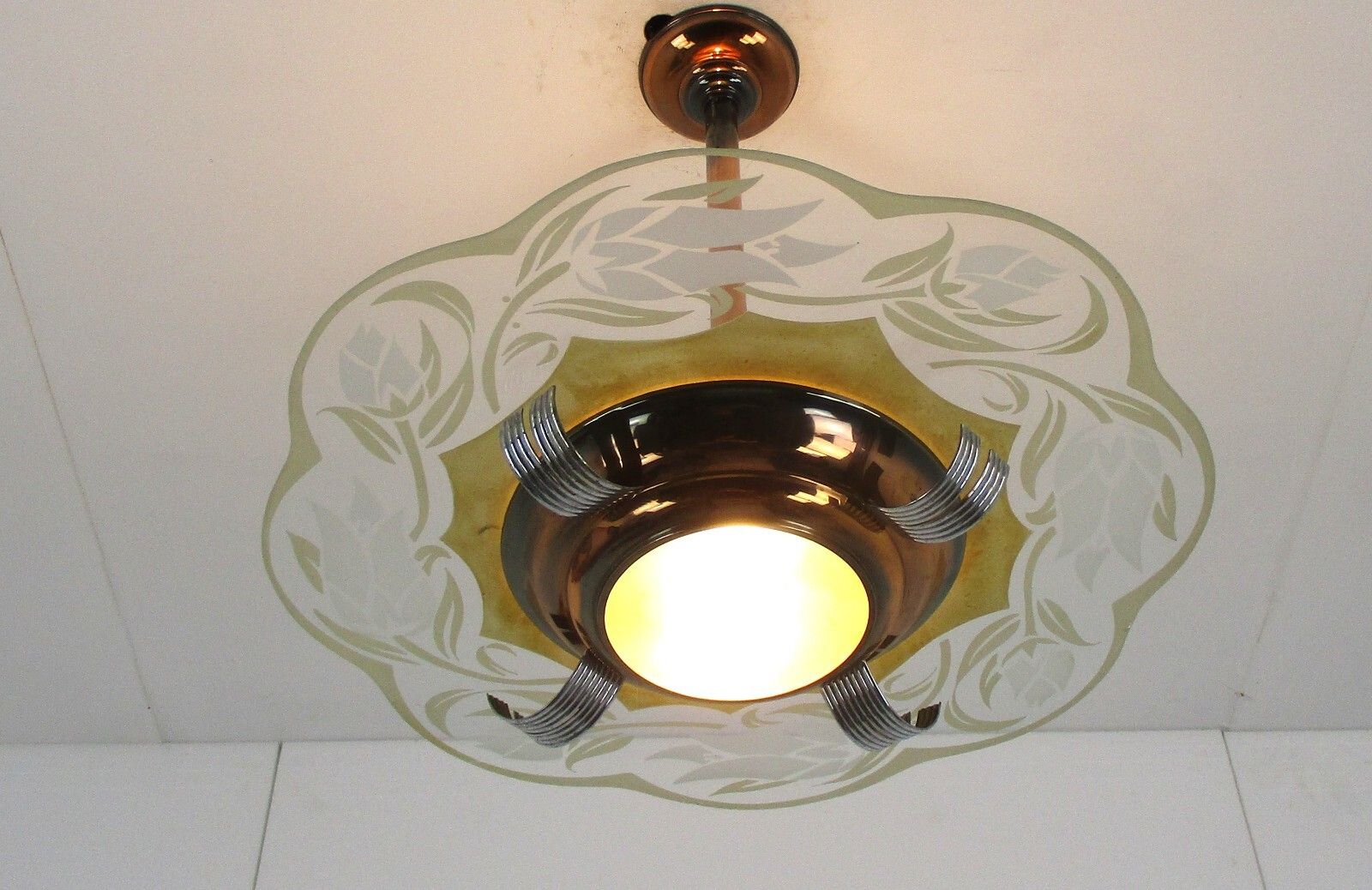 Antique French Art Deco Chandelier Pendant Glass Shade Red Copper 2 Lights photo for sale
