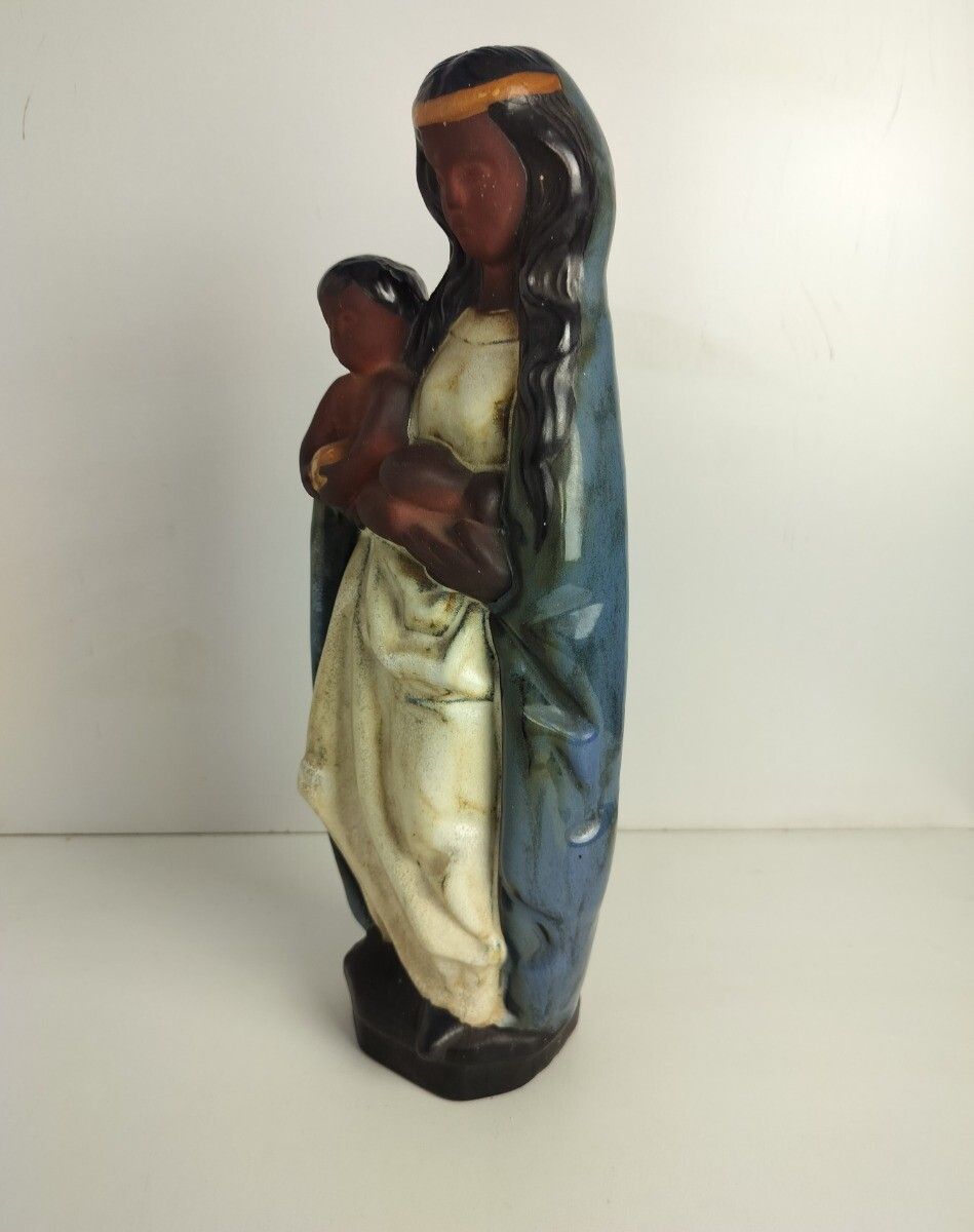 French Majolica Pottery Faience Statue Glazed Polychrome Madonna Virgin Mary Inf photo vinterior