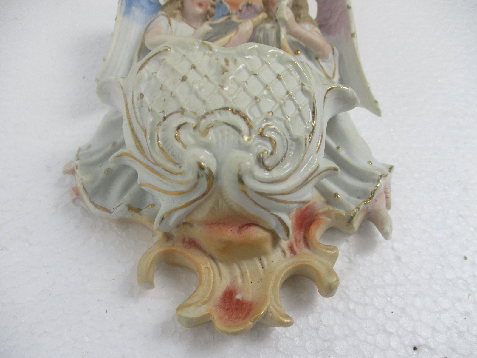 French Holy Water Font Vessel Infant Angels Playing Music Bisque Htf Lovely photo for sale