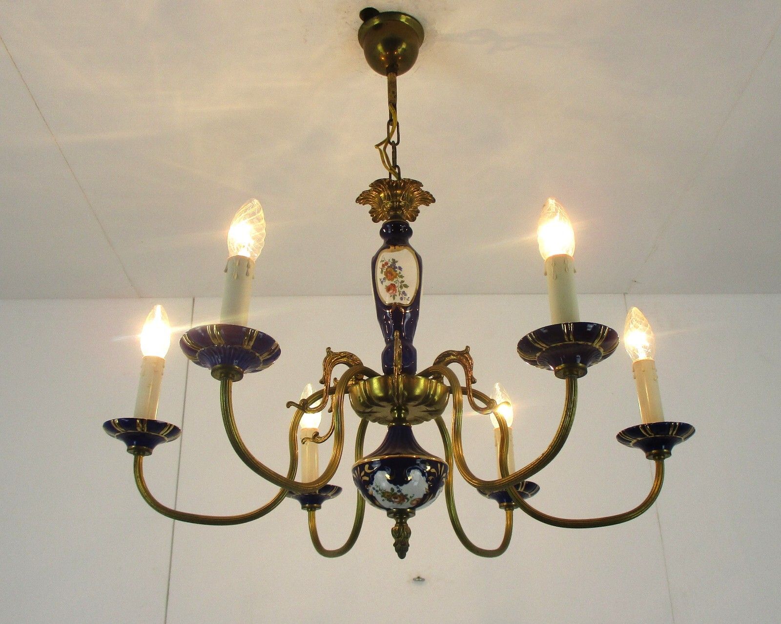 Chandelier 6 Arms Lights Ceramic Porcelain Ceramic Brass Italian Blue Gold Fish photo furniture