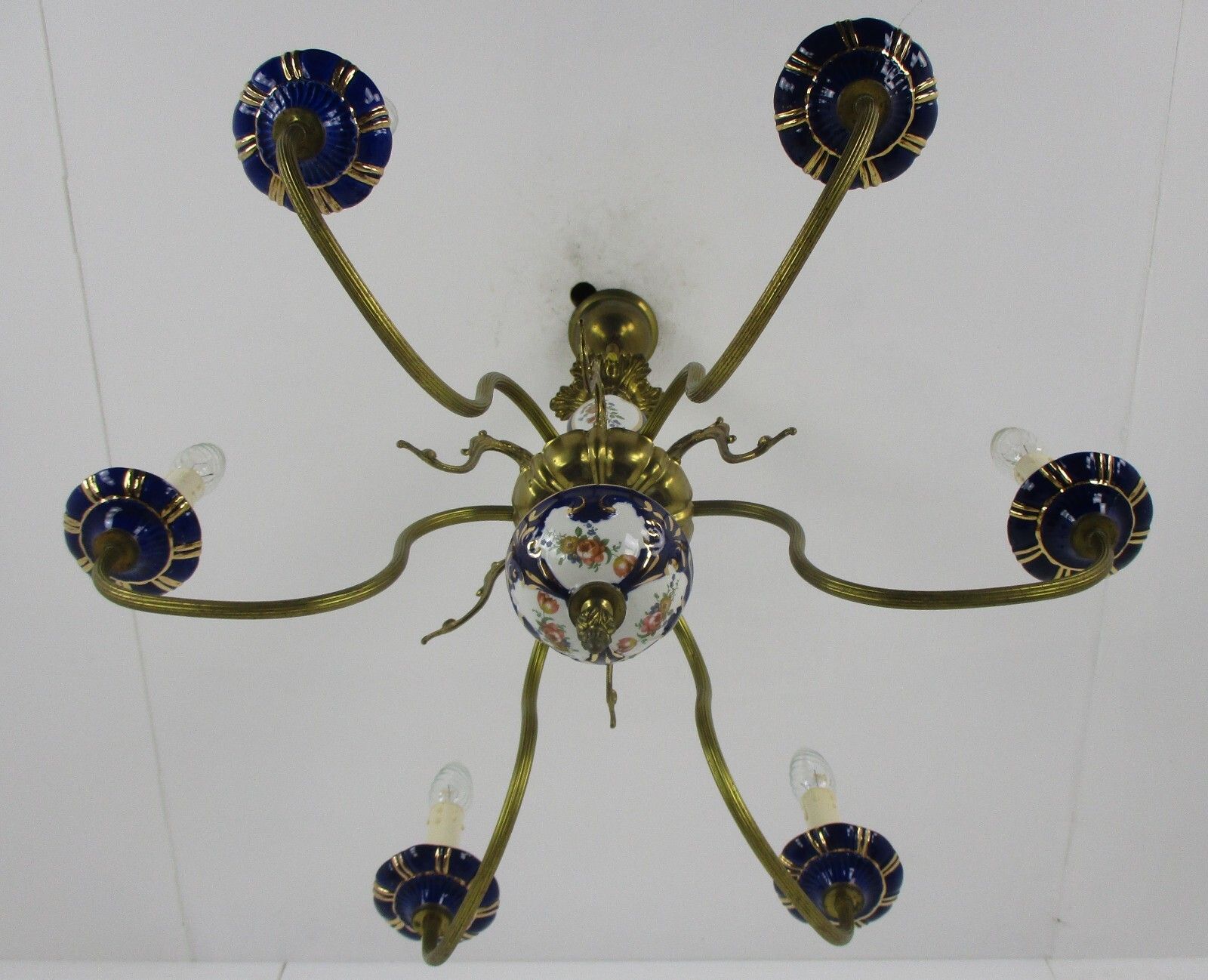 Chandelier 6 Arms Lights Ceramic Porcelain Ceramic Brass Italian Blue Gold Fish photo vintage