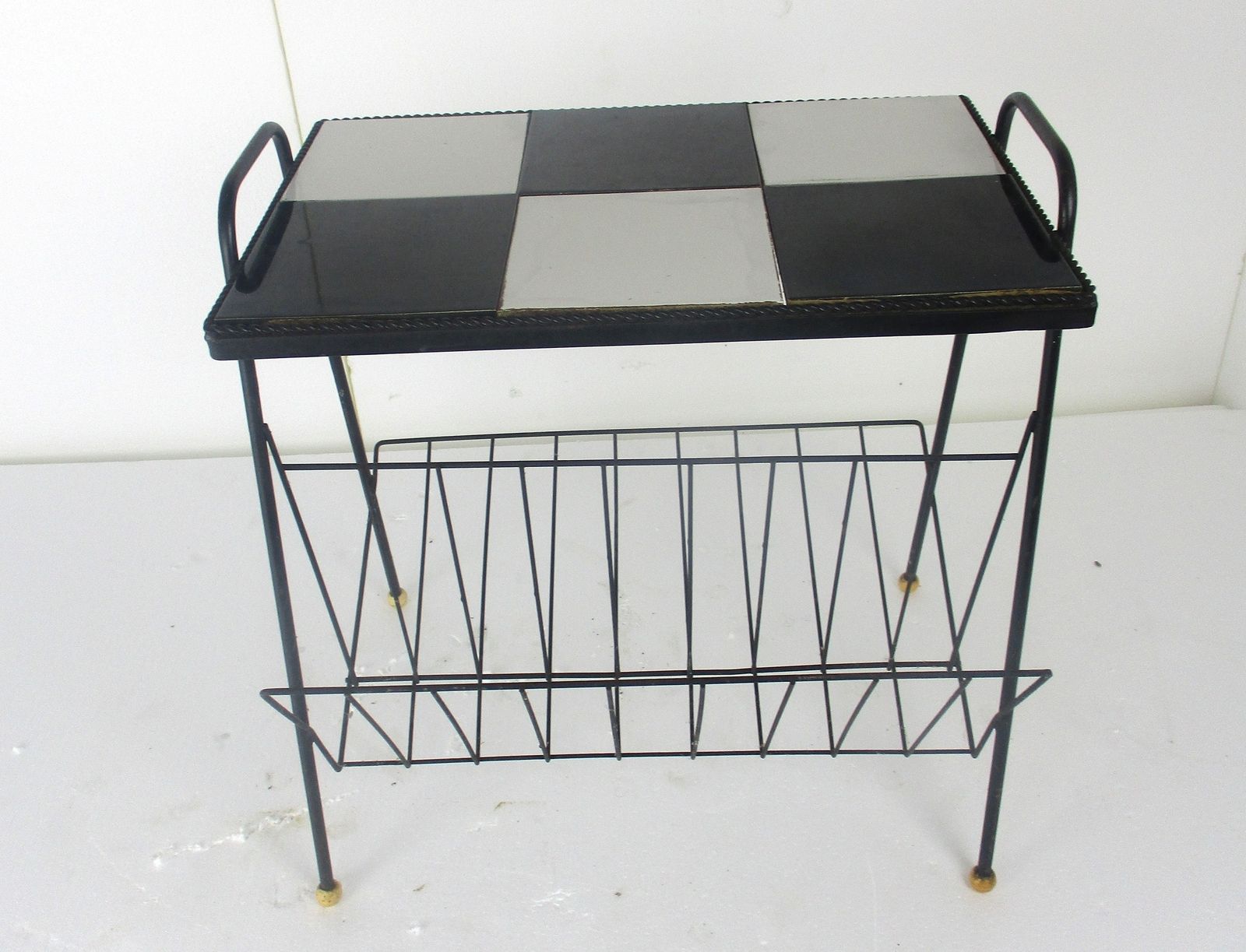 Vintage Mid Century Modern Magazine Newspaper Basket Side Table  Tiles photo vinterior