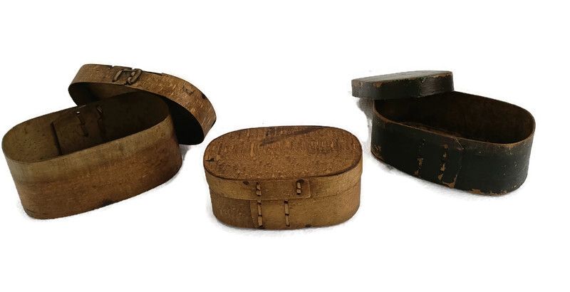 Set Of Three Small Antique  Wooden Cheese Boxes  Bent Wood Primitive Htf Art Nou