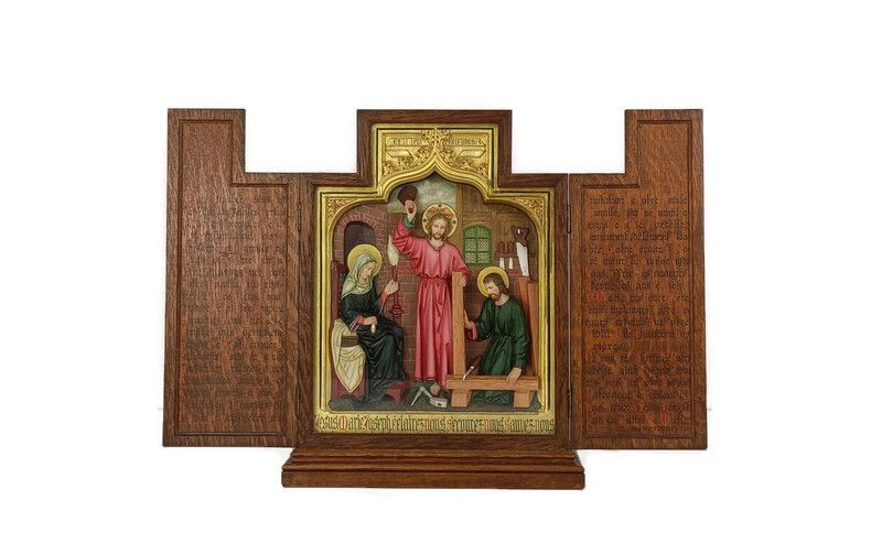 Triptych Handmade Hand Carved Travel Icon France Plaster Text Oak Holy Family Wo