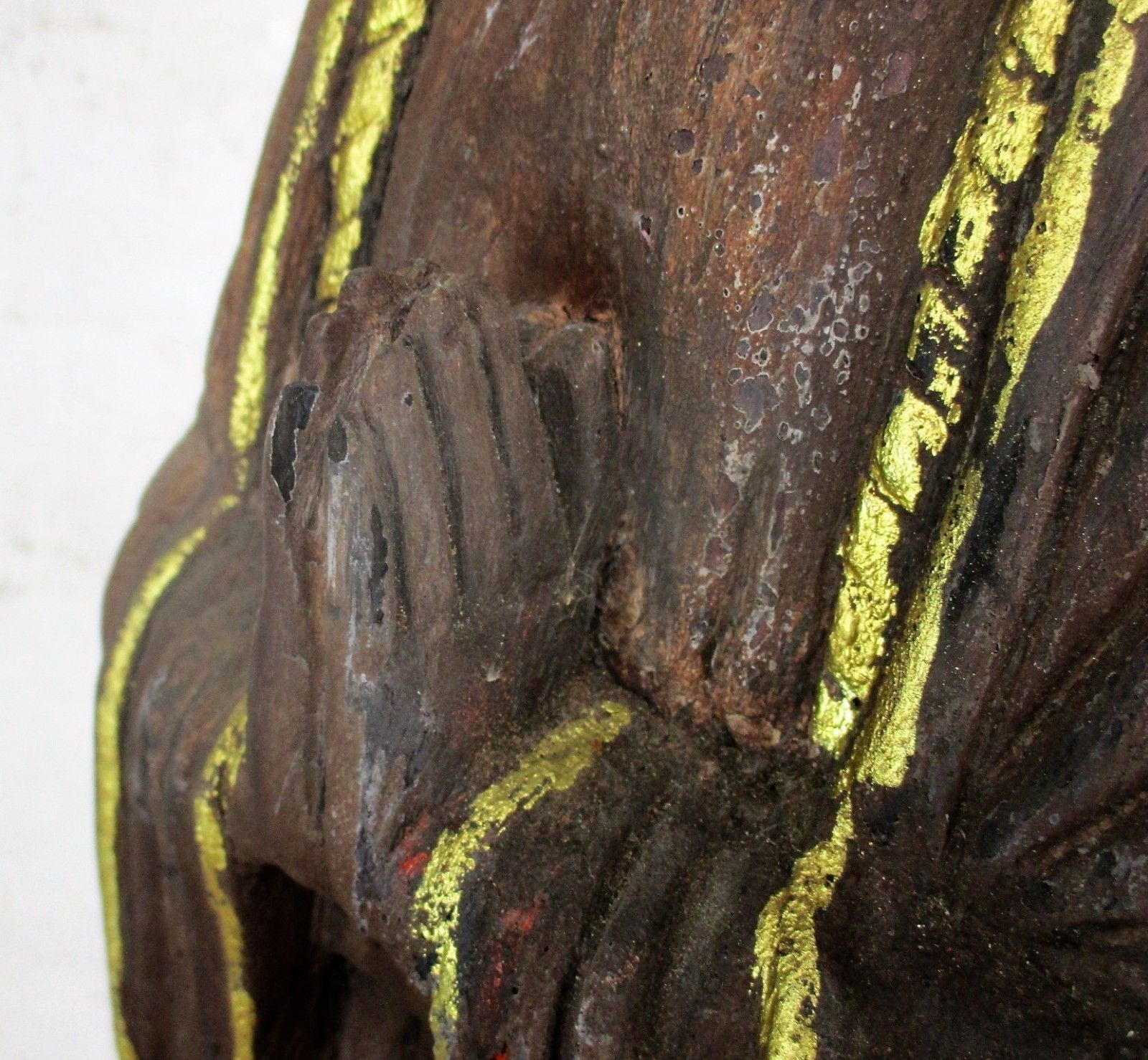 Large Hand Carved Wooden Statue Woman Nun Saint Praying Gold Touches Folk Art photo vintage
