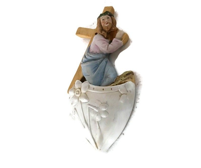 Beautiful Antique Porcelain Holy Water Font Porcelain Jesus Carrying The Cross P