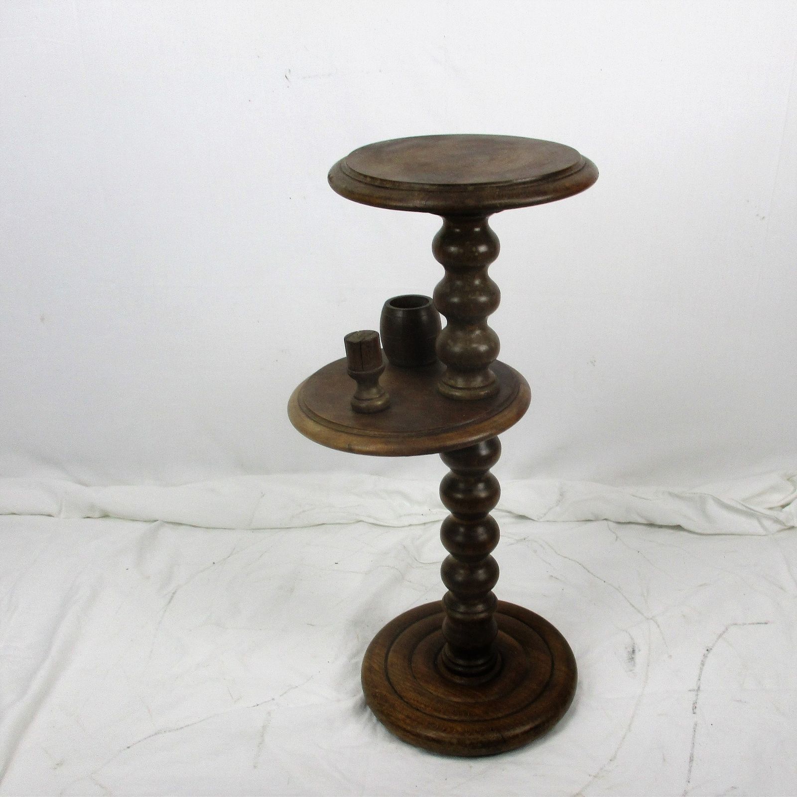Vintage Carved Wood Edwardian Pedestal Smoking Table Plant Bonsai Stand 2 Tier photo furniture