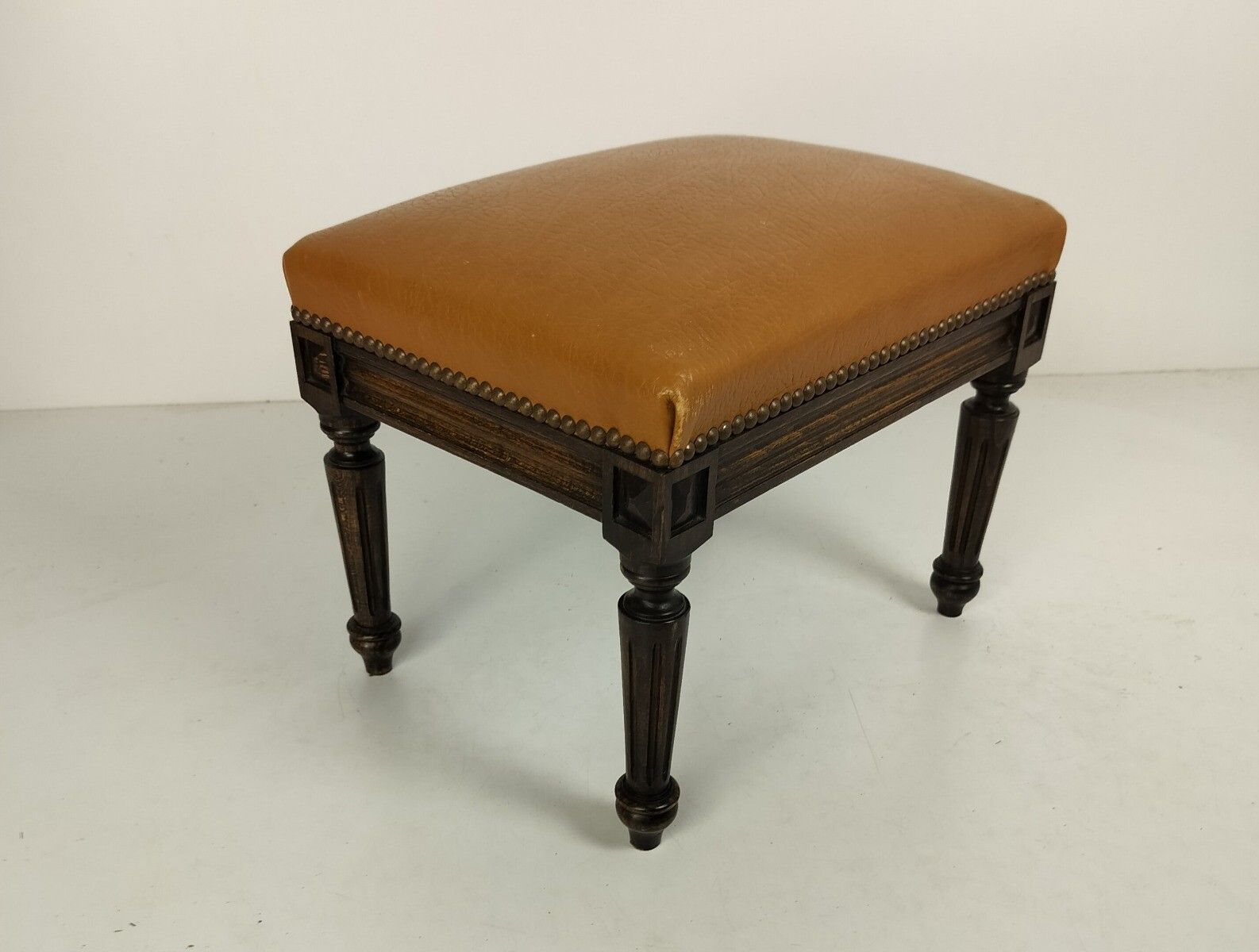 Vintage Modernist Footstool Foot Rest Ottoman Faux Leather Hobnails Wood photo 162.0