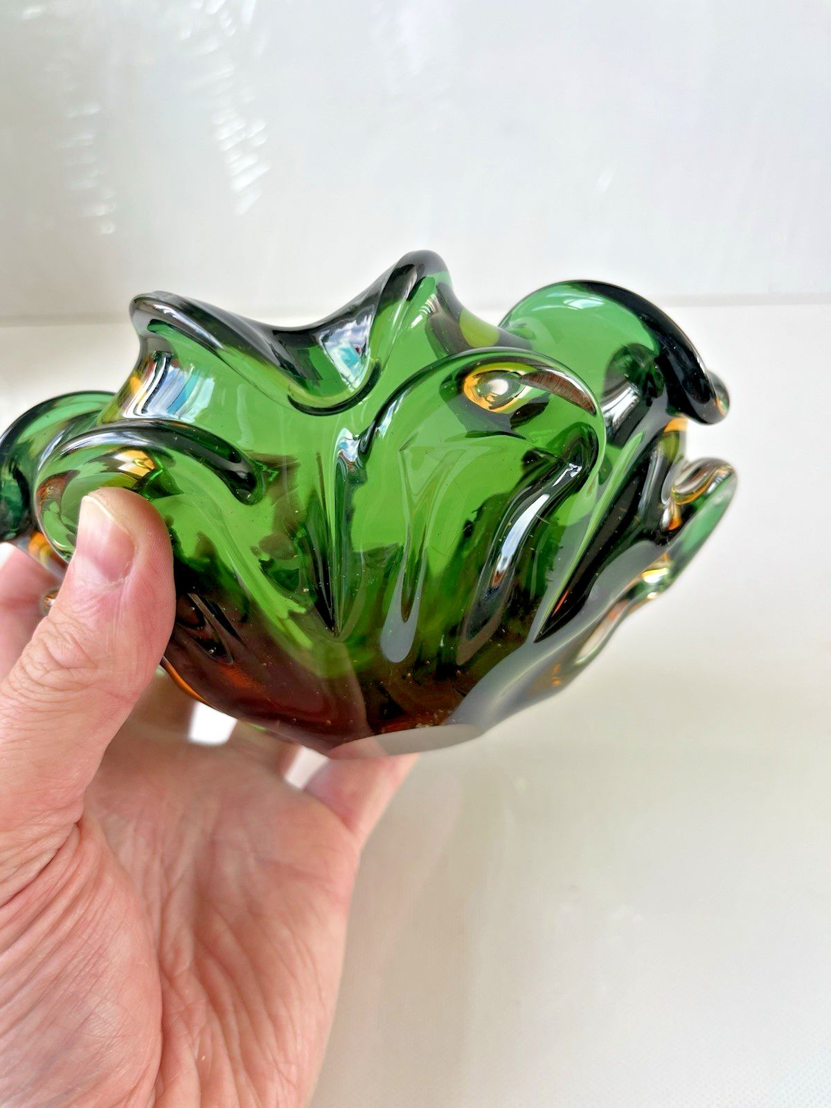 Mid Century Murano Sommerso Green Amber Clear Glass Ashtray Bowl Geode Vintage photo for sale