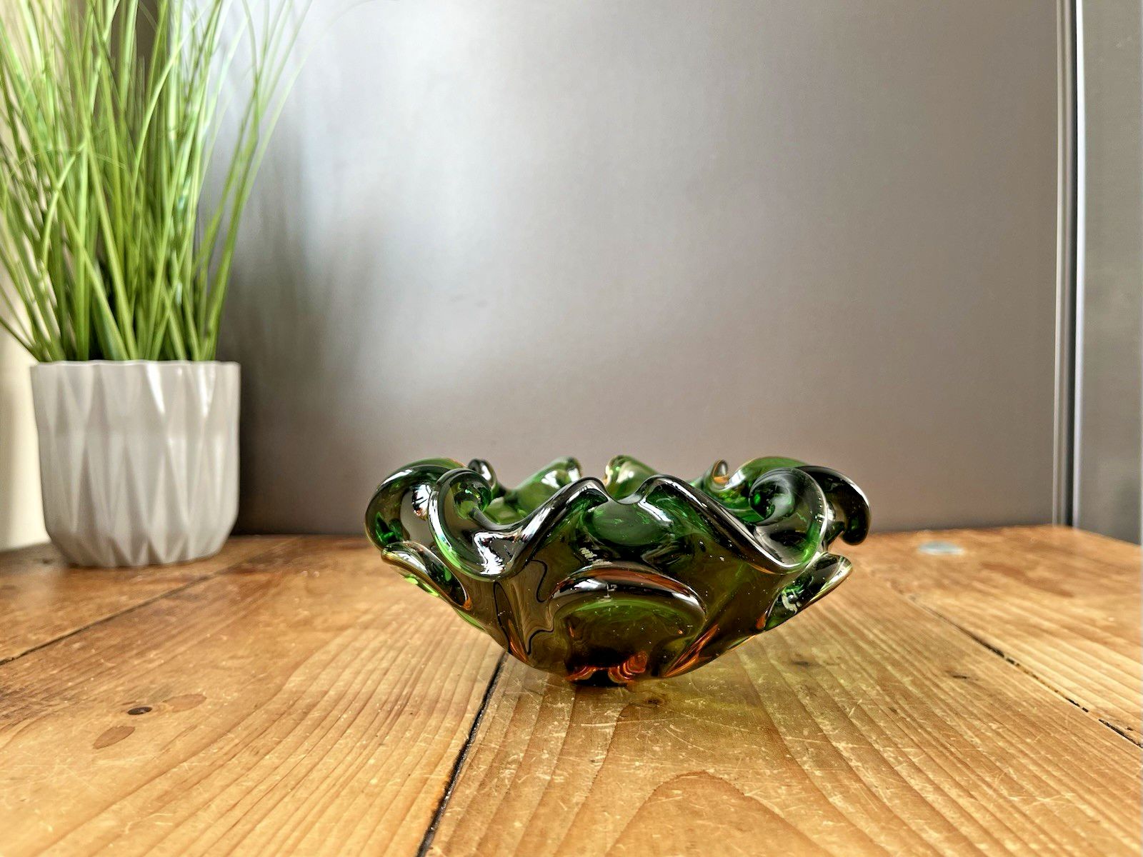 Mid Century Murano Sommerso Green Amber Clear Glass Ashtray Bowl Geode Vintage photo buy