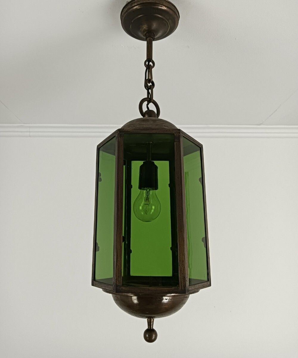 Pendant Lantern Chandelier Green Art Glass Ceiling Light Brass Beautiful Brass photo Lighting