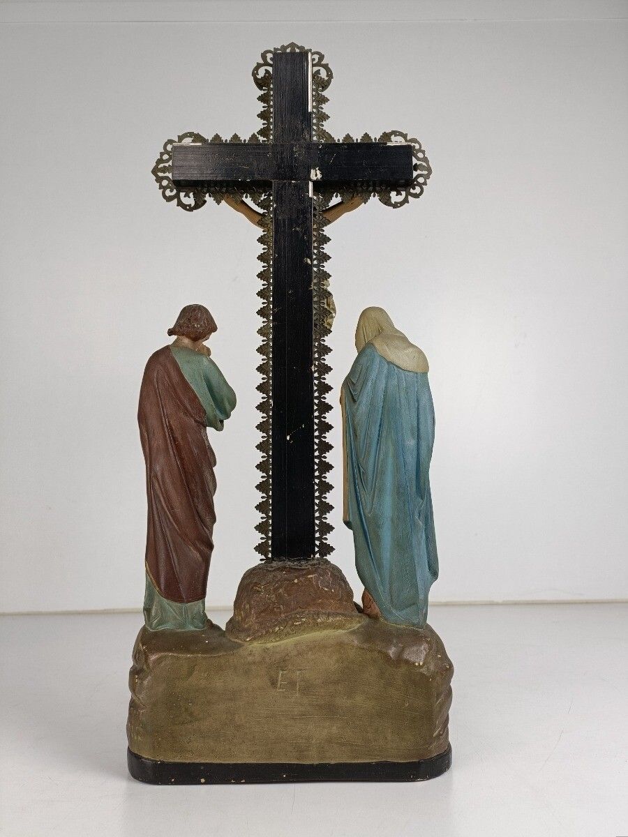 Calvary Crucifix Christ Crucifixion Mary Magdalene St John Consummatum  Est Plas photo vintage