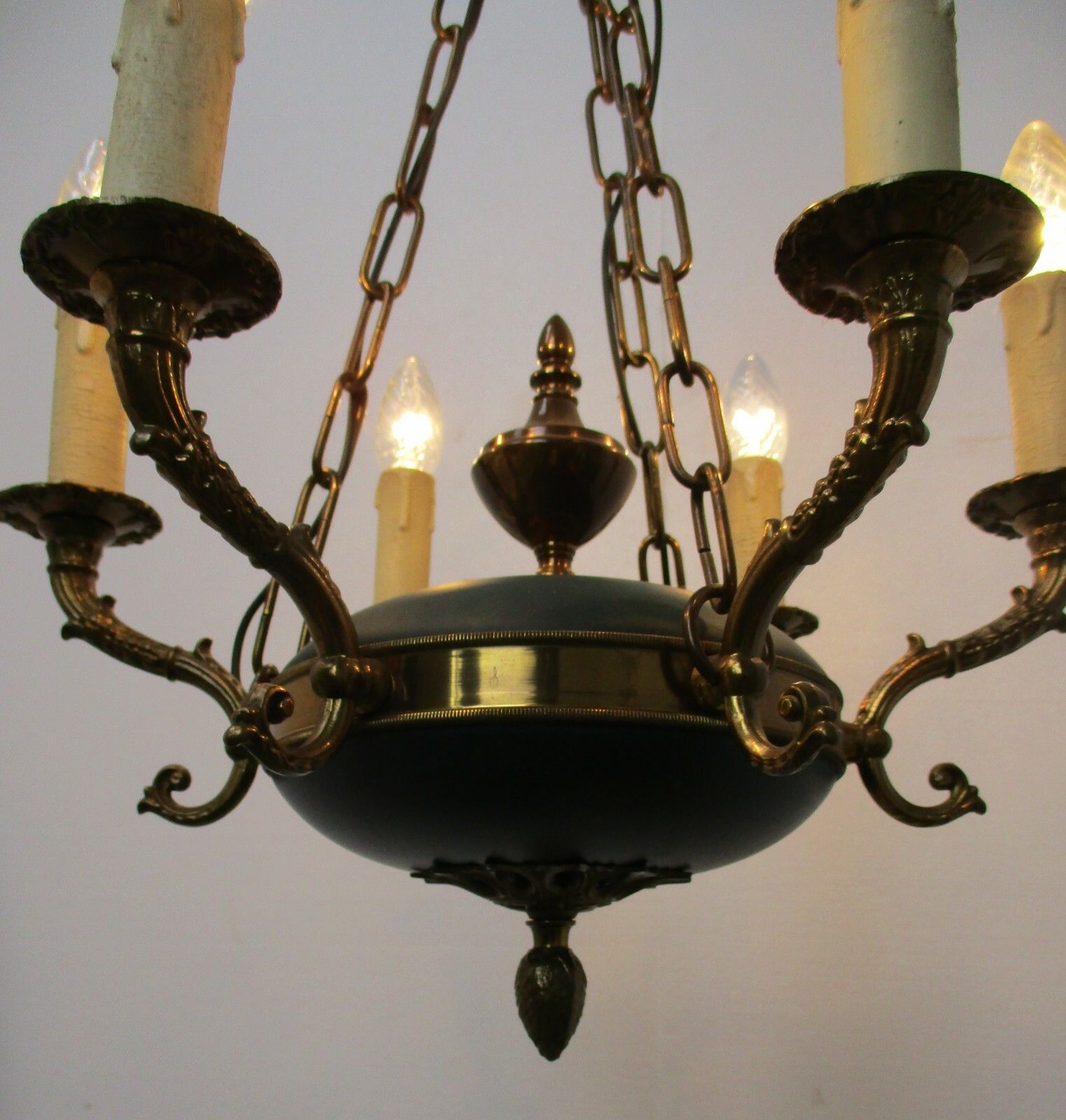 French Empire  Chandelier Green Tole Brass 6 Arms Hollywood Regency Beautiful photo 427.0