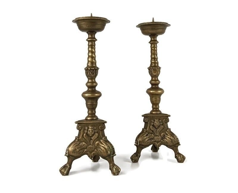 Candle Stick Candle Holders Brass Angel Faces Putti Eagle Legs Antique Couple Be